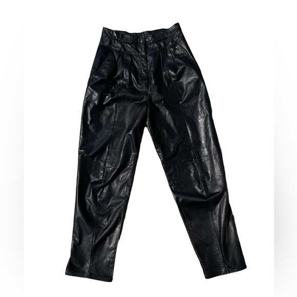 giavanni biagiotti Pants - Vintage 90s Women Black Genuine LEATHER Pants Pleats High Rise 12 Medium Lined